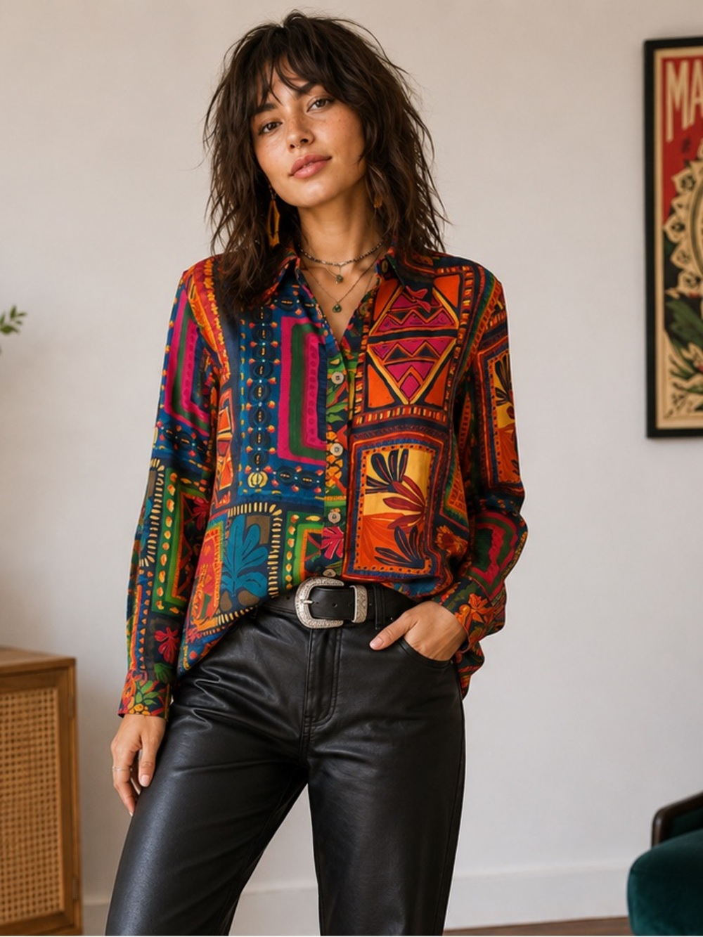 Rachel Zoe Multicolor Artsy Statement Button Up Top
